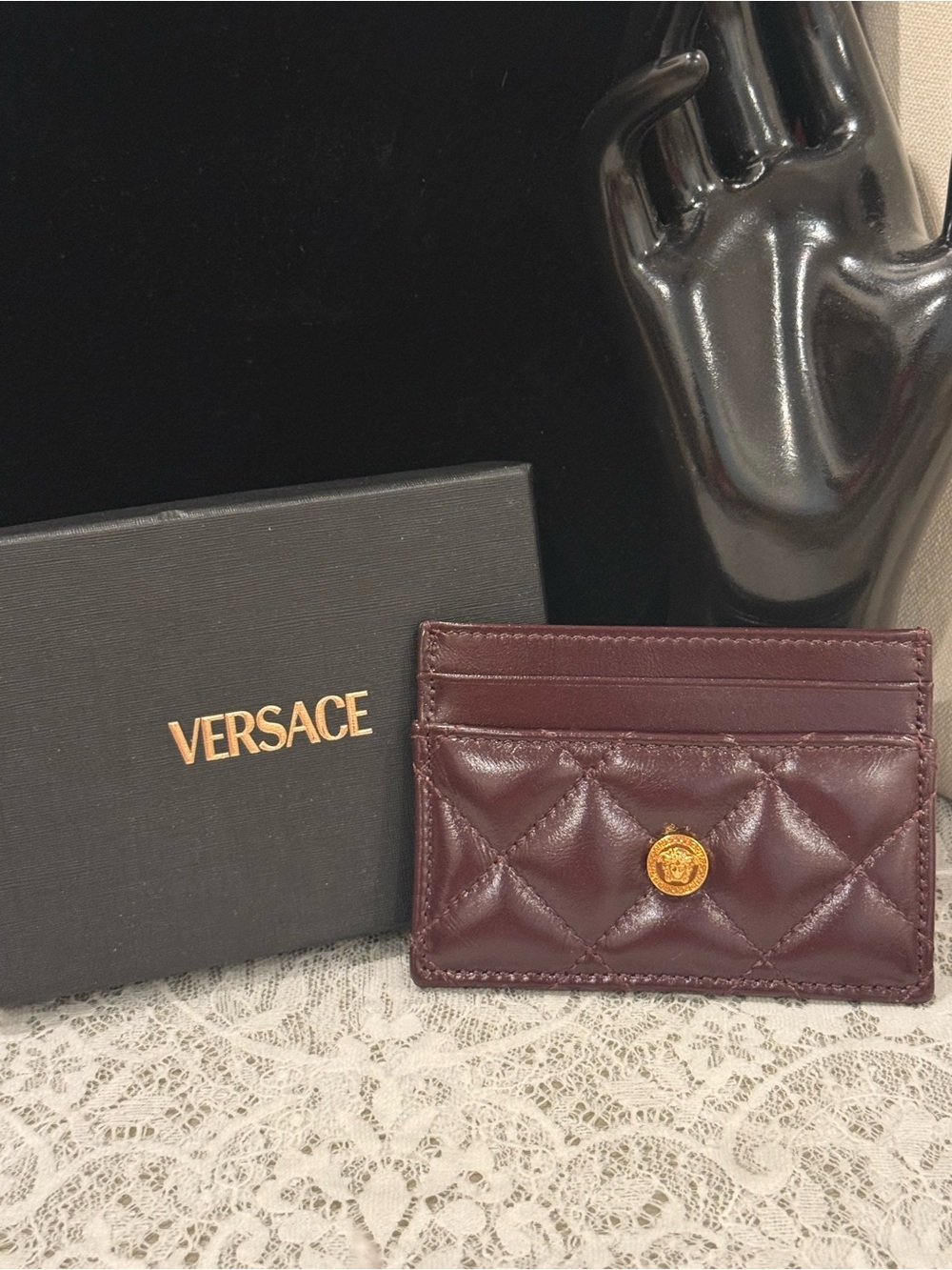 Versace Deep Wine Quilted Card Case with Gold Medusa Button Full inclusion! - Picture 2 of 4